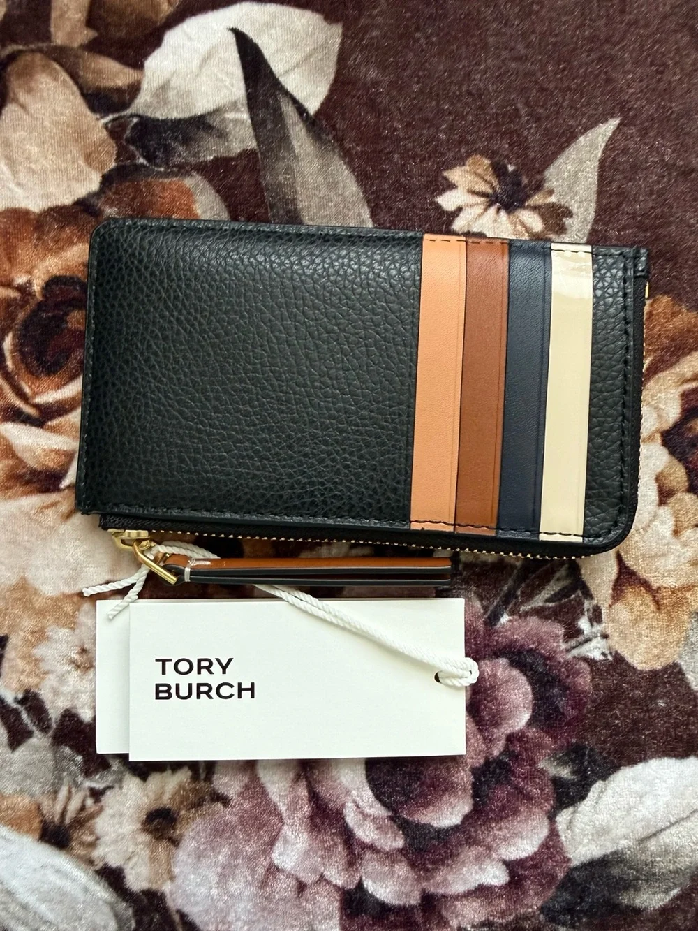 TORY BURCH Black Pebble Leather Robinson Gold-Tone Hardware Card Case NWT
